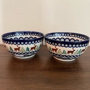 NWT Blue Rose Polish Pottery Reindeer Pine Cereal/Soup Bowl 2 Pcs